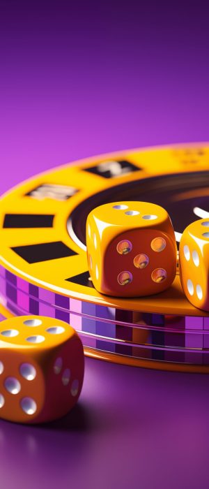 simple isometric 3d rendering of a dice and roulette, purple and yellow colour, minimalist --ar 4:3 --s 500