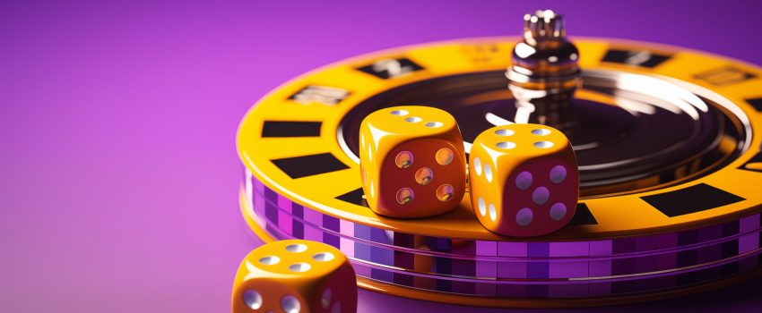 simple isometric 3d rendering of a dice and roulette, purple and yellow colour, minimalist --ar 4:3 --s 500